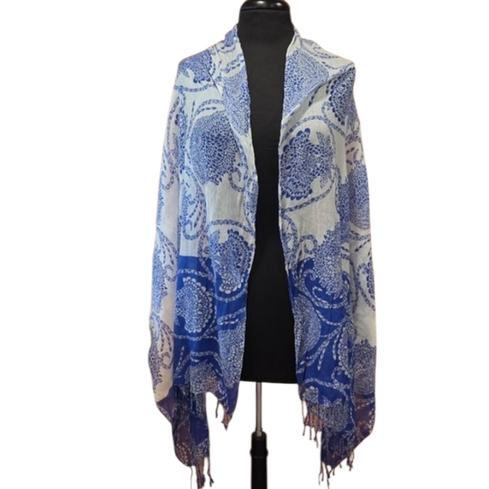 Y2k Vacation Wrap Euro Trip Lucky Brand Blue and White Scarf Fringe Soft Modal